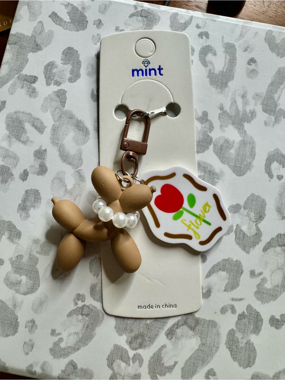 Mint Brown Balloon Dog w Pearls Bag charm/Keychain with Floral Tag